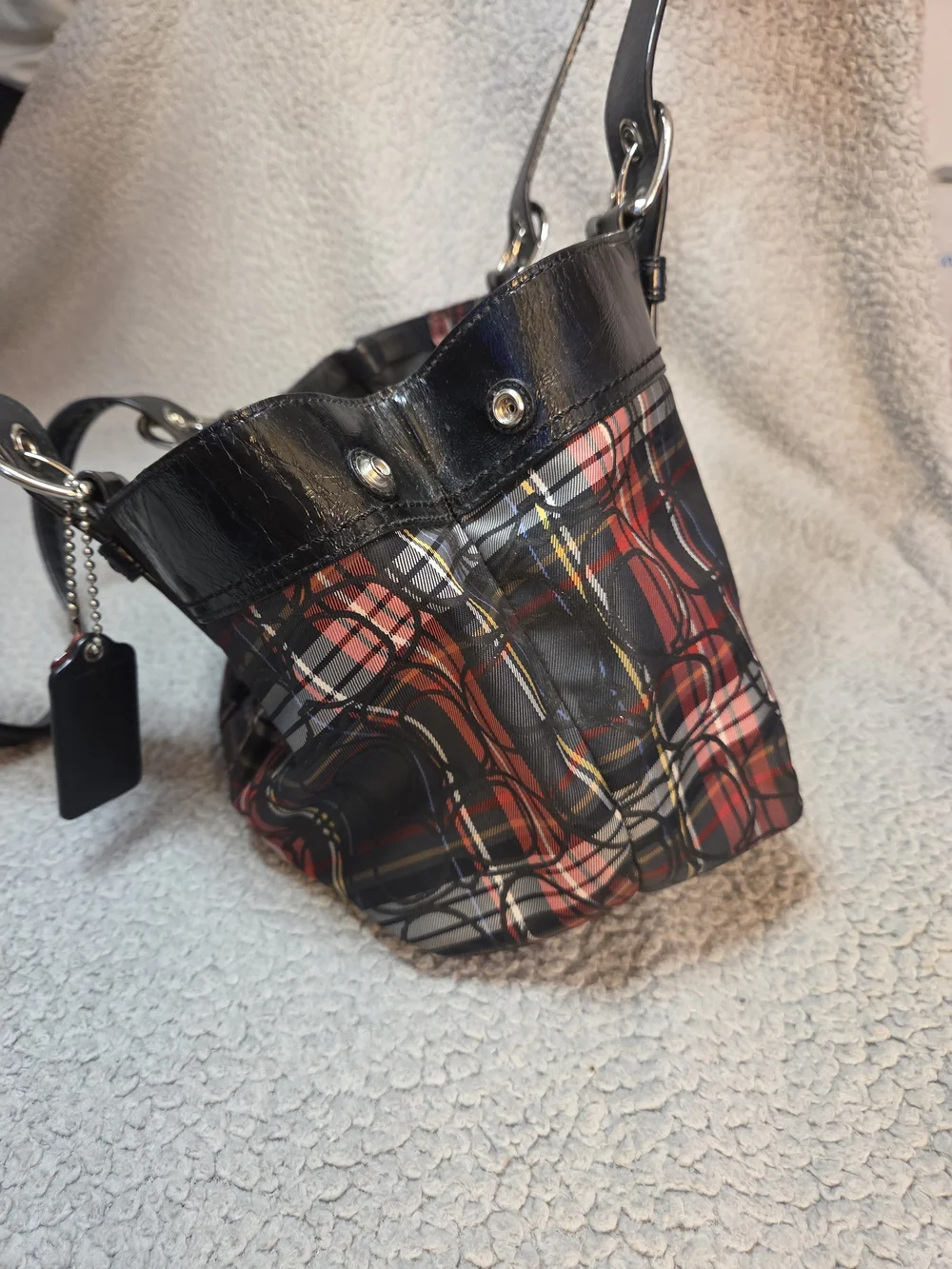 Coach Plaid Shoulder Bag with Black Trim and Red Accent